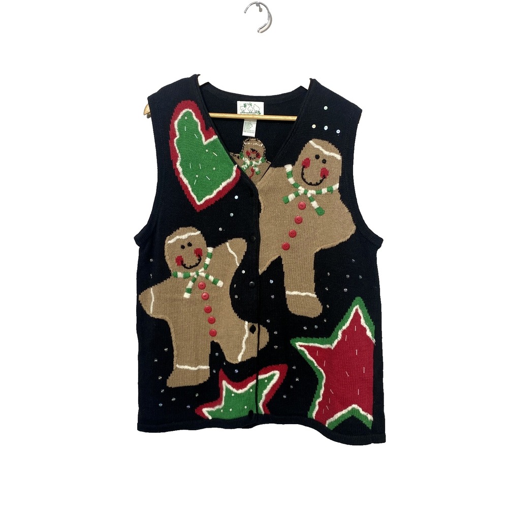 Quacker Factory Button Up Sweater Vest Size Large Christmas Gingerbread Cookies